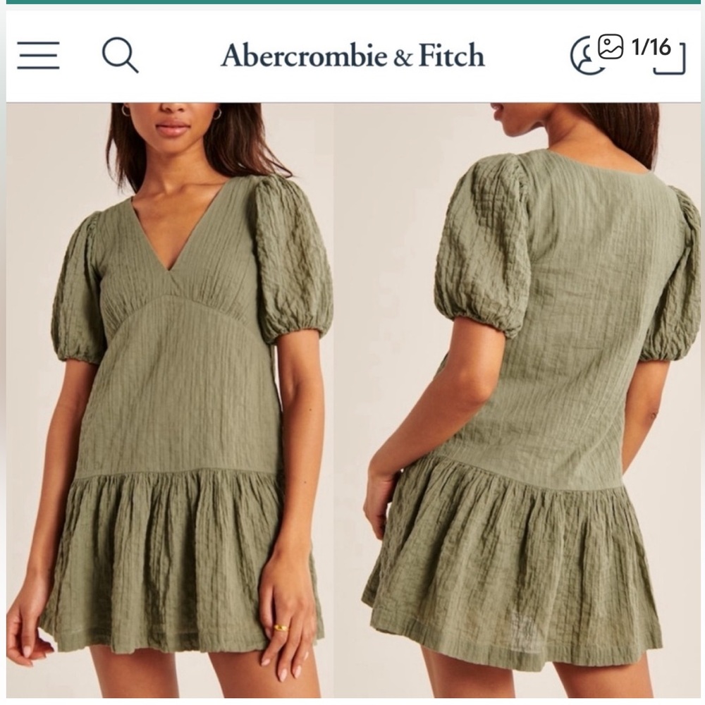 Abercrombie & Fitch Sage Green Puff Sleeve Mini Dress